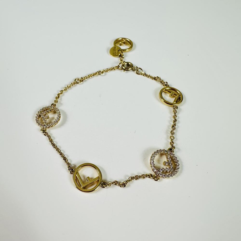 Fendi Gold Tone Crystal Logo Charm Chain Bracelet Made In Italy Designer